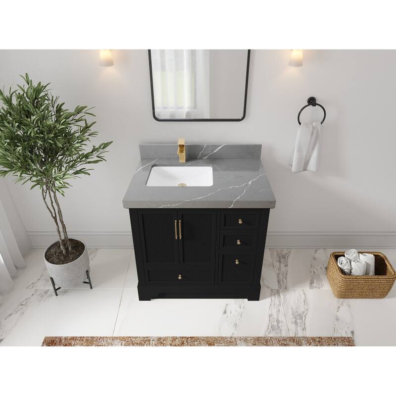 Willow Collections 36 in. W x 22 in. D Alys Left Offset Sink Bathroom Vanity with Countertop - 2"Piatra Gray - Black