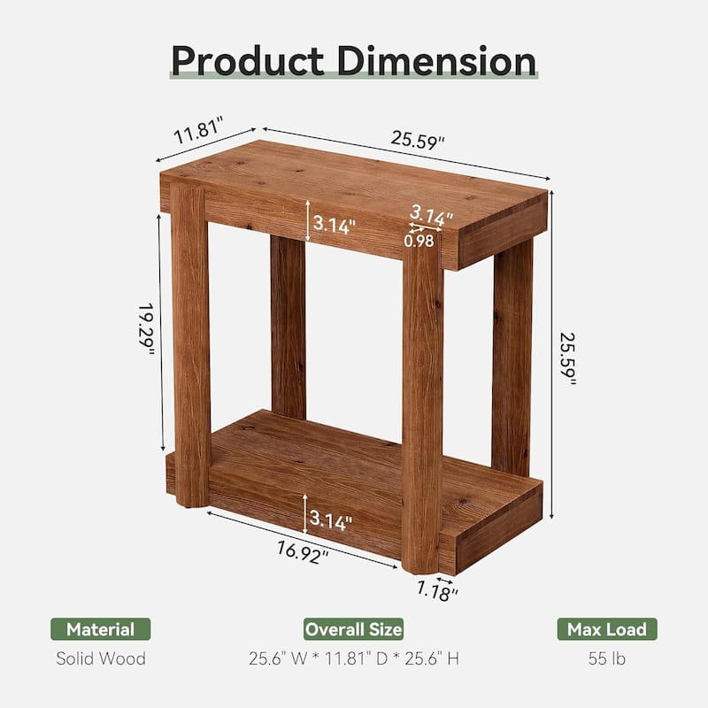 Solid Wood End Table, Modern Farmhouse Side Table with 2-Tier Storage Shelf - 25.6" L × 11.8" W × 25.6" H