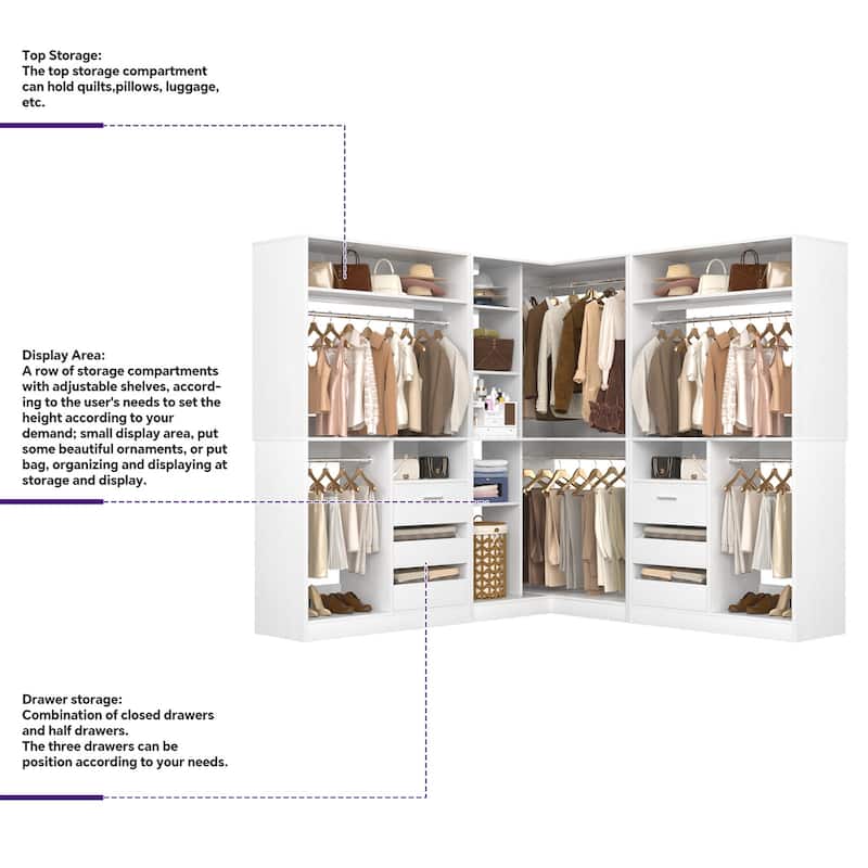 Qvella Corner Closet System with 6 Wooden Drawers and 6 Hanging Rods, Closet Organizer Wardrobe for Walk-in/Reach-in Closet