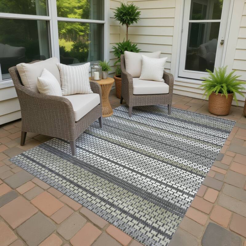 Machine Washable Indoor/ Outdoor Boho Stripe Chantille Rug - Gray - 9' x 12'