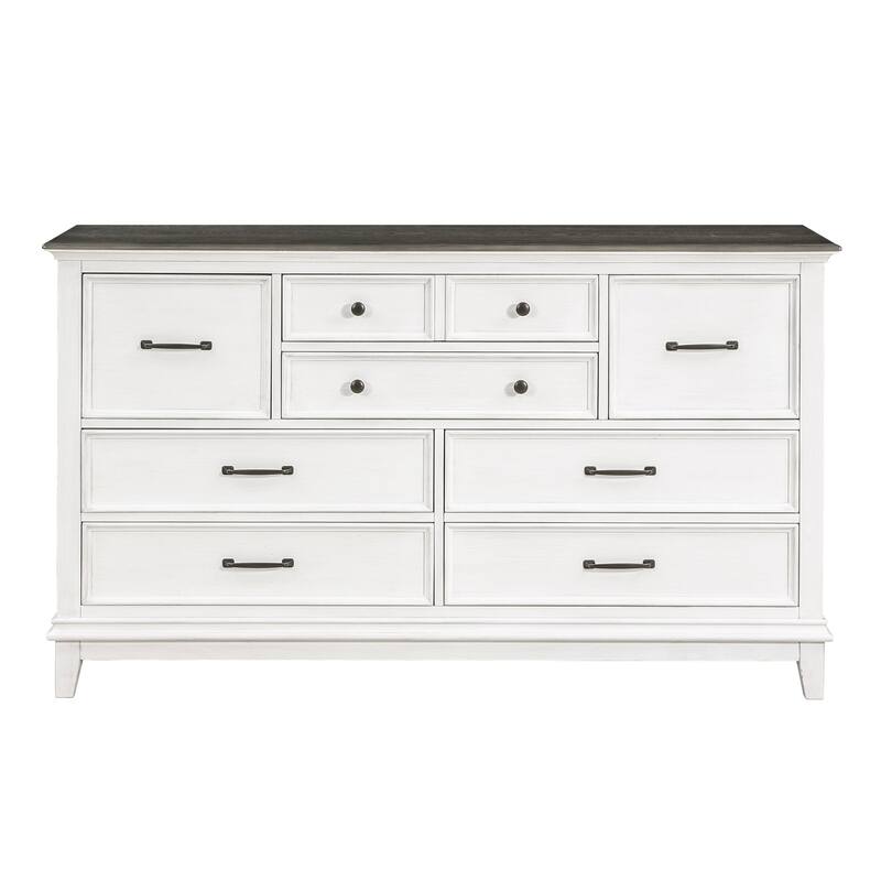 Woki 66 Inch Wide Dresser, 9 Drawers, Antique White and Brown Solid Wood