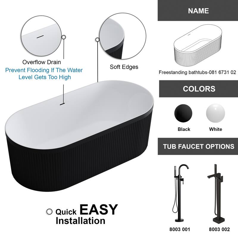 Repose 67" Fluted Acrylic Soaking Tub - Oval - 31D x 67W x 23H