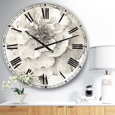 Designart 'Indigold Grey Peonies I' Farmhouse Large Wall Clock