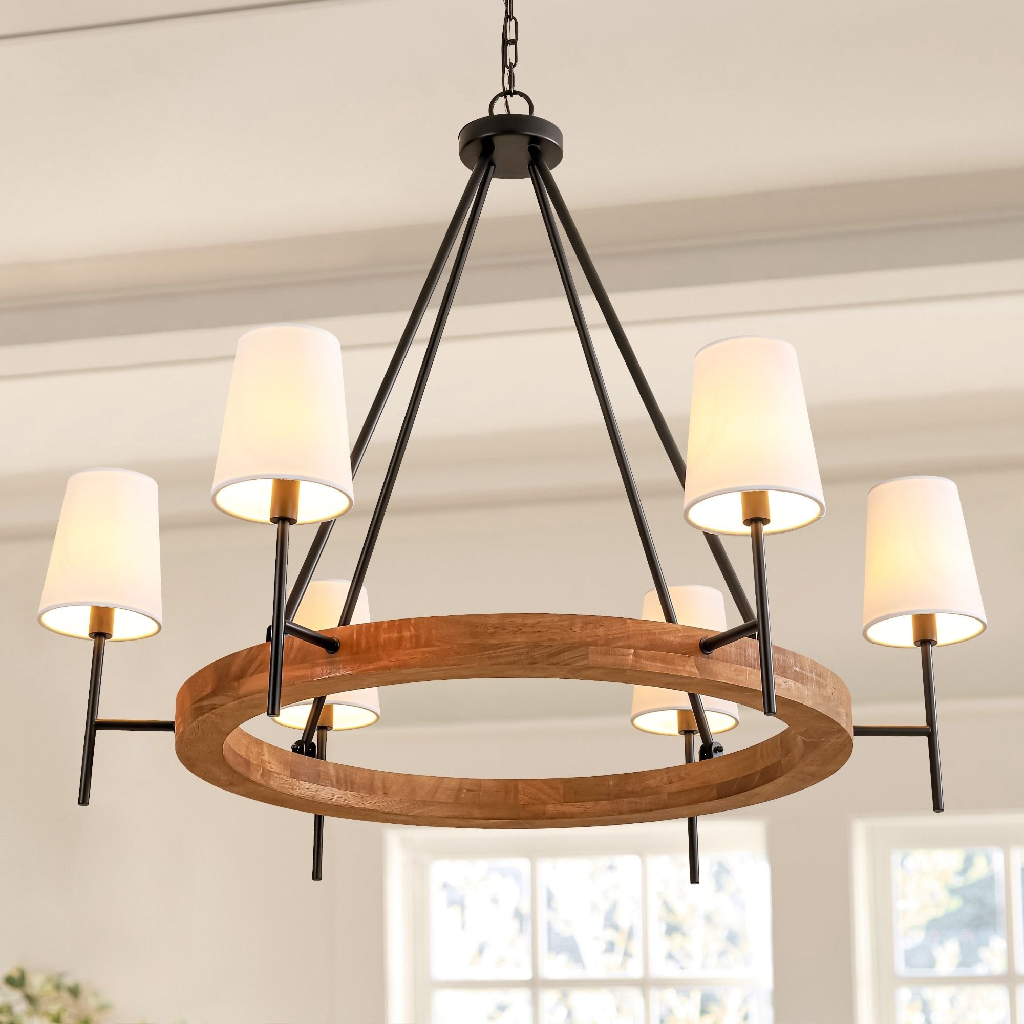 6-Light Vintage Farmhouse Wood Material Black Wagon Wheel Chandelier with Wood Material and Fabric Shade