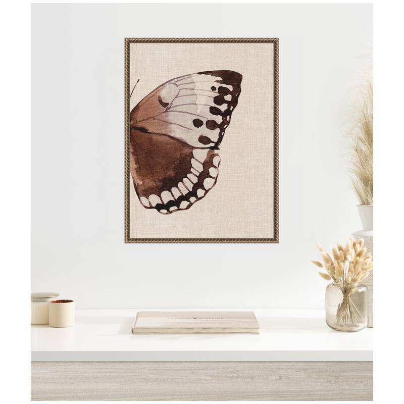 Kate and Laurel Sylvie Retro Butterfly Watercolor Diptych Neutral Burlap Right Framed Canvas by The Creative Bunch Studio