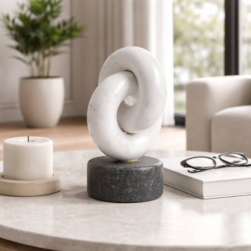 Modern Marble Link Figurine - Decorative Statue - 9", White & Gray - 8.75"