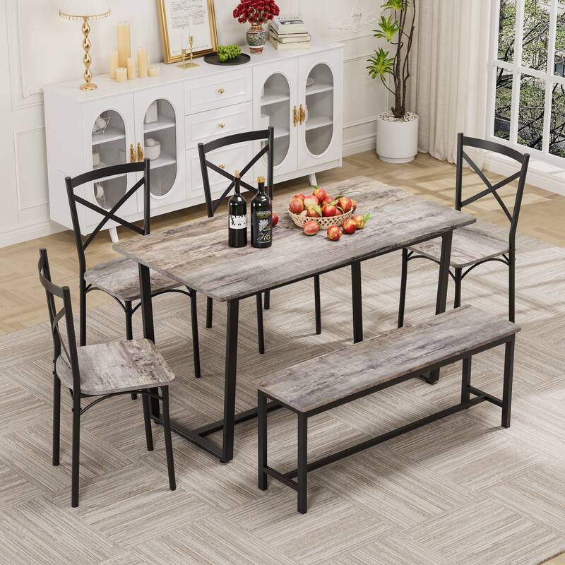 Retro Breakfast Nook Gray Dining Set with Bench and 4 Chairs, 6-Piece Industrial Dining Set with Bench