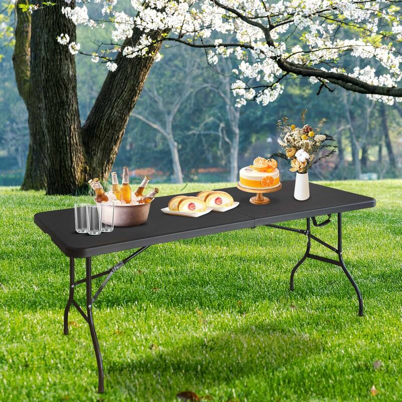 Black Plastic Folding Table, Rectangular Patio Table with Steel Tube Legs and Carry Handle