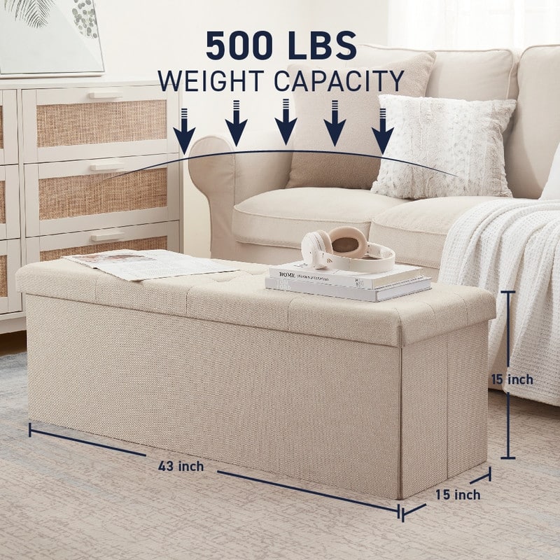 Foldable Tufted Linen Storage Ottoman Bench
