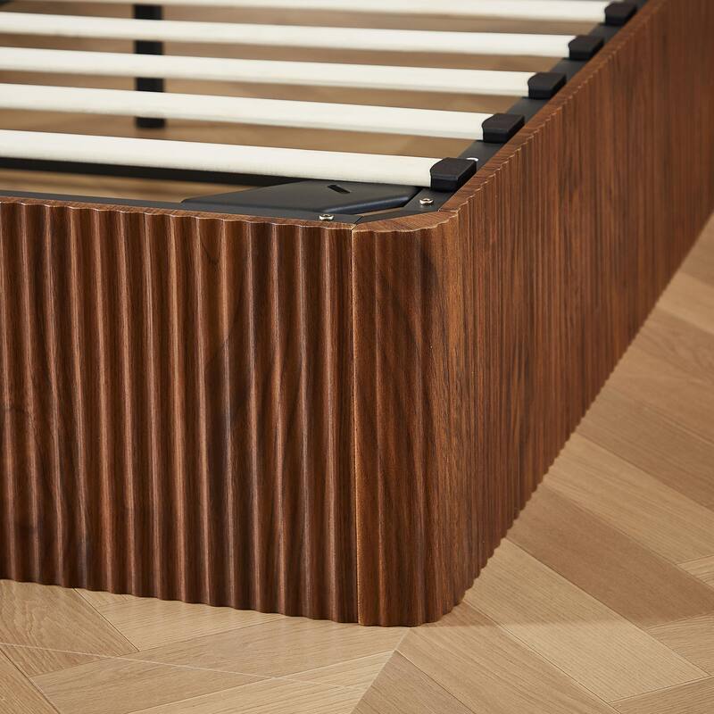 Queen Size Lift-Up Storage Bed Frame with Wooden Corrugated Curved Lines