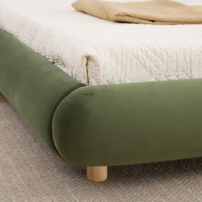 King Size Velvet Upholstered Platform Bed with Curved Headboard