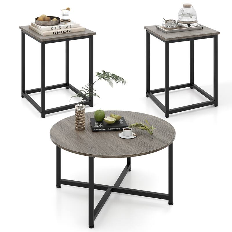 Gymax Round Nesting Table Set of 3 Coffee Table w/ 2 End Tables Sturdy