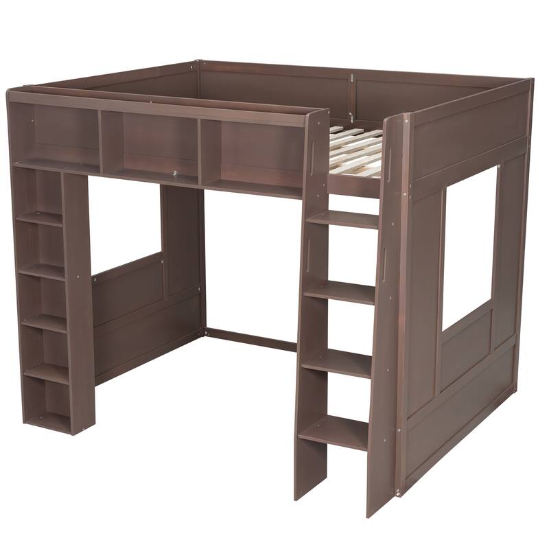 GDFStudio - StoreMax Modern Wooden Queen Loft Bed with Storage Cabinets and Shelves