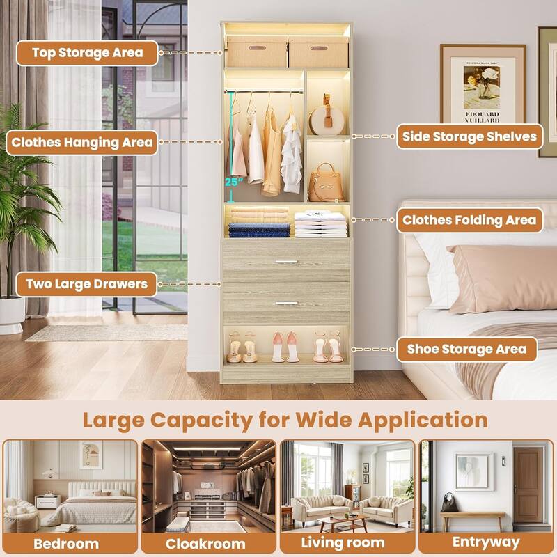 Kyrvo Freestanding 24" Closet System with 2 Wood Drawers,2FT Heavy Duty Walk-in Closet Organizer with 6 Shelves & Hanging Rod
