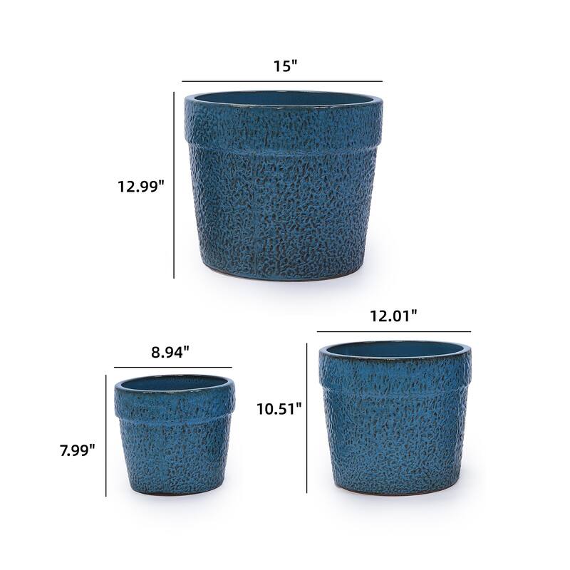 Anmytek Handmade Ceramic Planter Set Blue Textured for Succulents Indoor Garden
