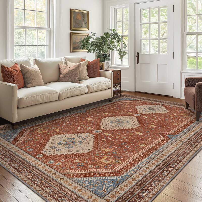 Mcow Faded Floral Vintage Low-Pile Machine Washable Non-Slip Area Rug - 5'X7' - Red - Rectangle