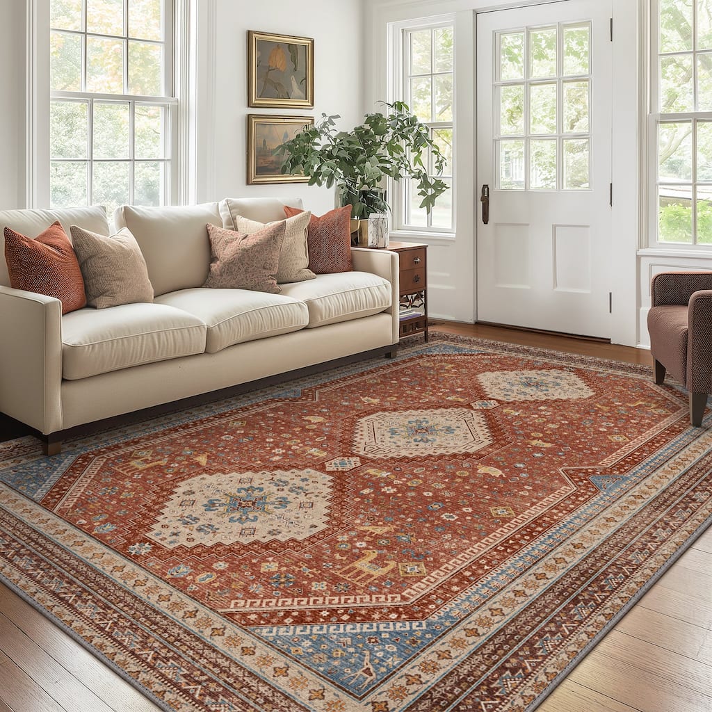 Mcow Faded Floral Vintage Low-Pile Machine Washable Non-Slip Area Rug