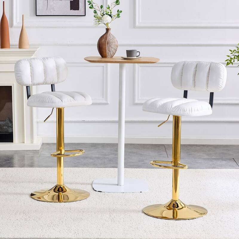 Set of 2 Adjustable Height Bar Stools, White PU Leather with Gold Metal Base & Footrest