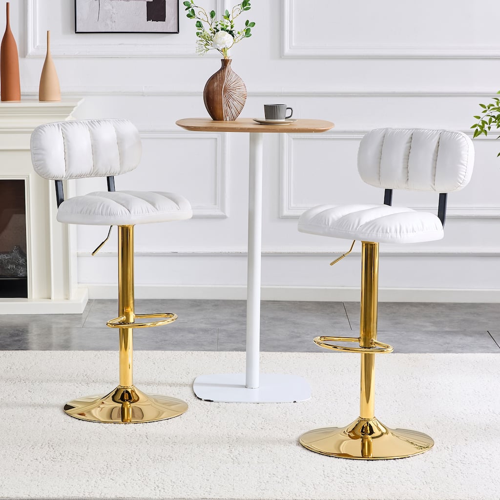 Set of 2 Adjustable Height Bar Stools, White PU Leather with Gold Metal Base & Footrest
