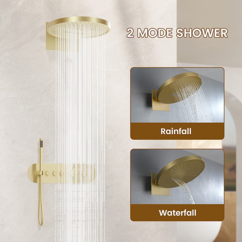 Double Handles 3-Spray Patterns 16 in. Wall Mount Thermostatic Shower Faucet 2.5 GPM with Handheld Shower
