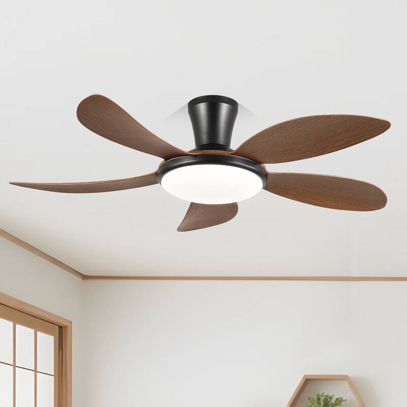 48 Inch Flush Mount DC Ceiling Fan with Lights, 5 Reversible Blades,3 CCT LED with Remote and APP Control - 48 Inches - Brown