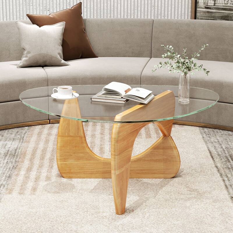 Gymax Triangle Coffee Table w/ Tempered Glass Top & Adjustable Rubber