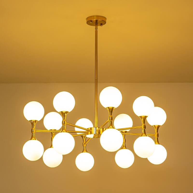 16-Light Modern Glam Linear Sputnik Branch Cluster Milky White Frosted Opal Glass Globe Chandelier