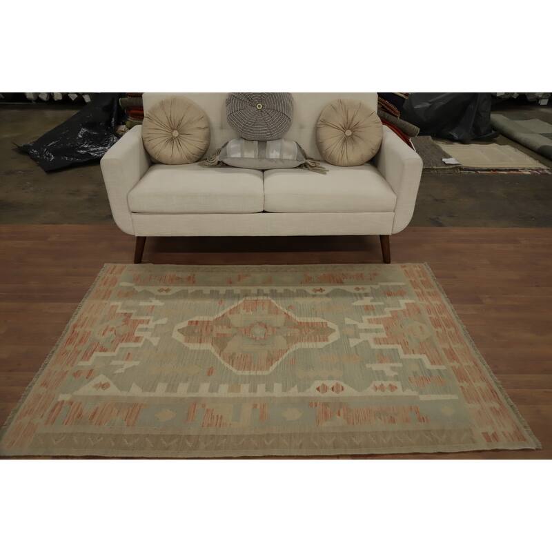 Hand Woven Oriental 100% Wool Carpet Southwestern Tribal Greys & Charcoal Kilim Area Rug - 6' 0'' X 4' 2''