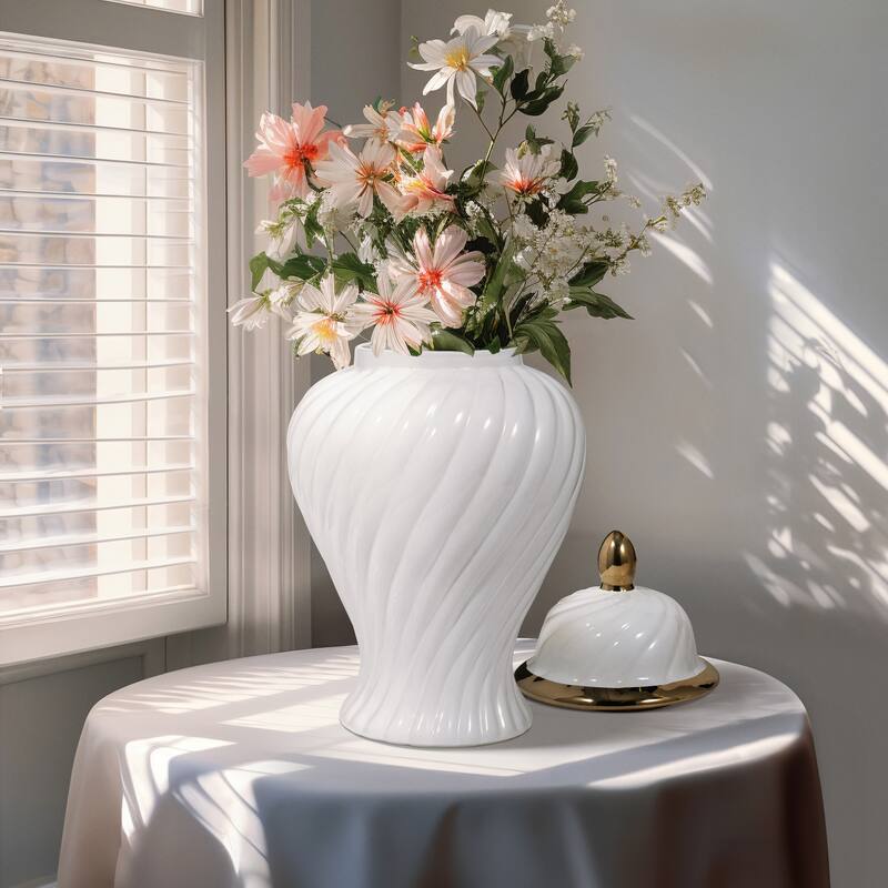 Sagebrook Home Ceramic 20" Swirl Temple Jar, White/Gold, Cylinder, 20"H, Swirl - 11" x 11" x 20" - Swirl White/gold