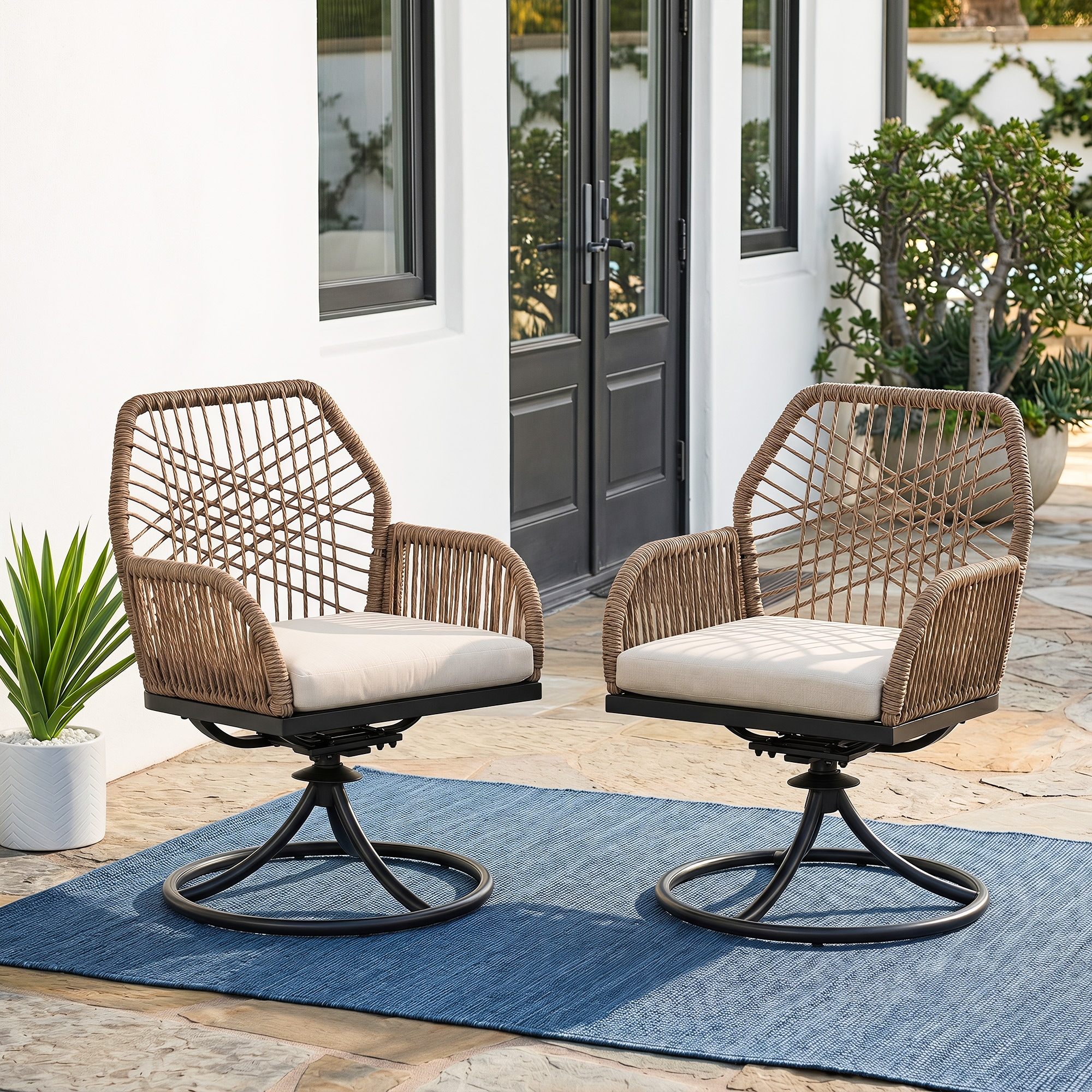 Nuu Garden 2-Piece Twisted Rattan Patio Dining Chair Set with Cushions, Swivel Design