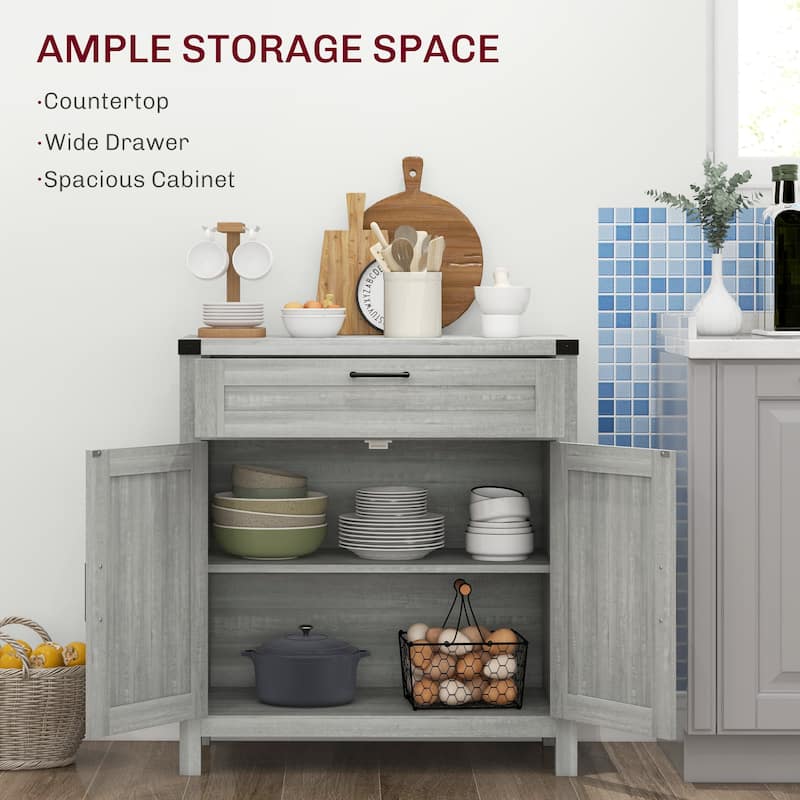 Sideboard Buffet Cabinet with Storage Drawer, Modern Farmhouse Kitchen Cabinet with 2 Barn Doors, Coffee Bar Cabinet, Gray