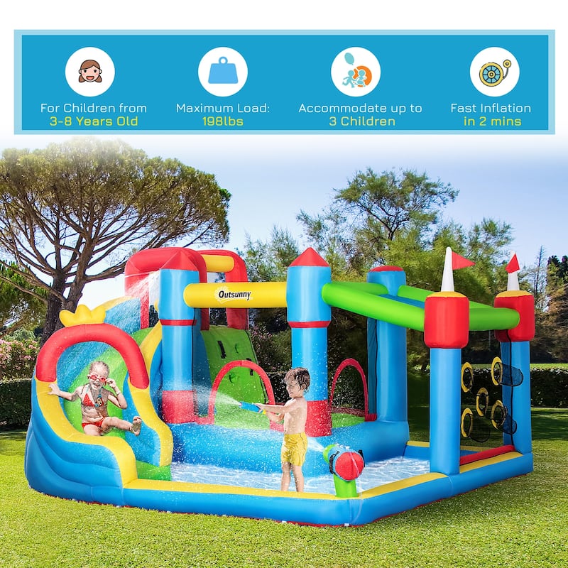 Outsunny 6-in-1 Inflatable Water Slide, Kids Castle Bounce House Includes Slide, Trampoline, Pool, Water Gun, Climbing Wall