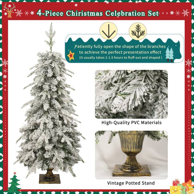 Pre-lit Christmas Artificial Tree 4-Piece Set, Garland, Wreath and Set of 2 Entrance Trees, X-mas with LED Lights, PVC