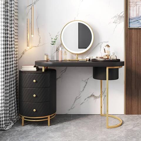 Modern Makeup Vanity Table With LED Lighted Mirror, Dressing Table with Movable Tray Top, 4 Solid Wood Drawer, Without Stool
