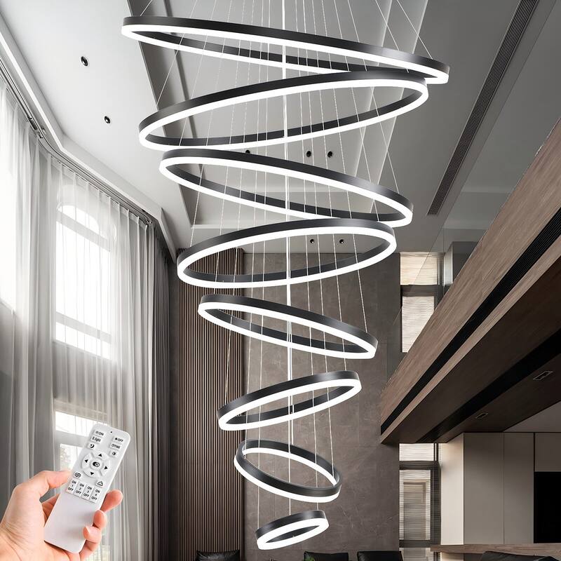 Modern LED Ring Chandelier - Remote Control Dimmable Pendant Lights for High Ceilings, Foyers & Living Rooms - 8 Rings - Black
