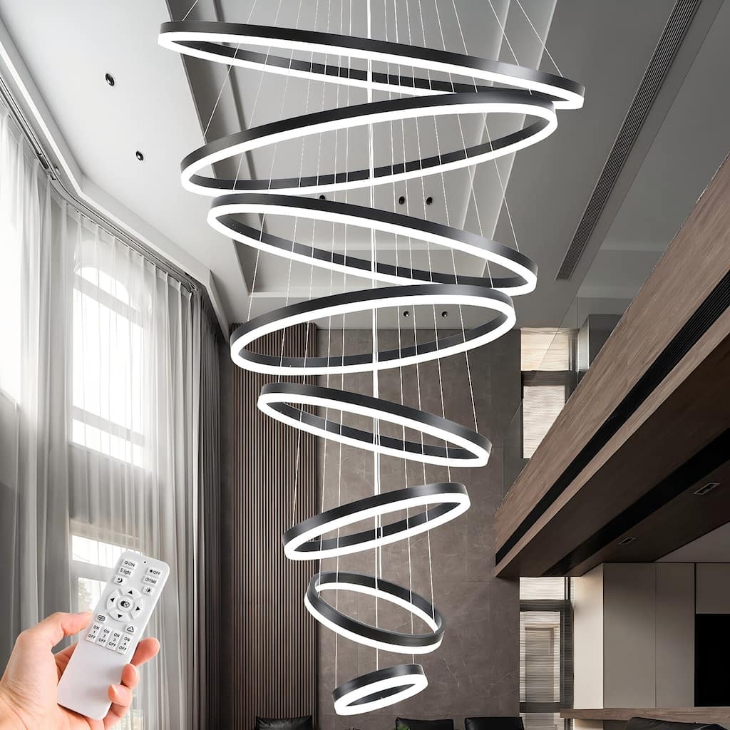 Modern LED Ring Chandelier - Remote Control Dimmable Pendant Lights for High Ceilings, Foyers & Living Rooms