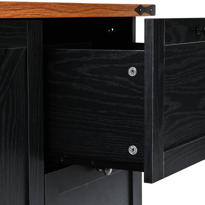 Anmytek Black Farmhouse Kitchen Island Cart with Drop Leaf and Outlets - Rolling Cart with Drawers and Spice Storage
