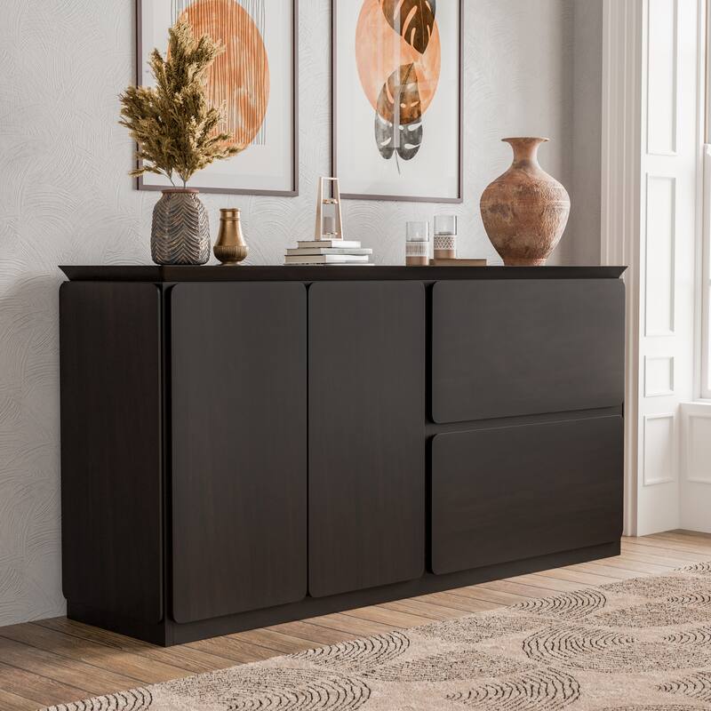 Furniture of America Abigail Mid-Century Modern Black Wenge Solid Wood Dining Server with Drawers and Shelves - Black Wenge