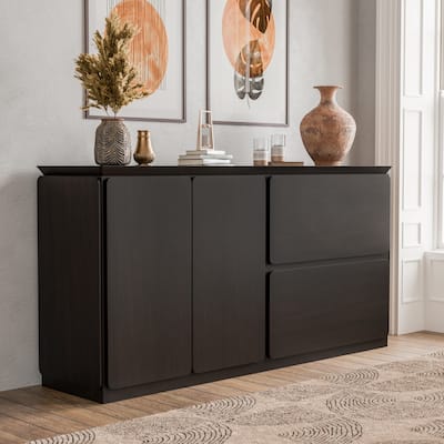 Furniture of America Abigail Mid-Century Modern Black Wenge Solid Wood Dining Server with Drawers and Shelves