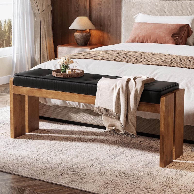 Bedroom Bench, End of Bed Bench, Dining Bench, Entryway Bench with Solid Wood Legs - Black & Brown