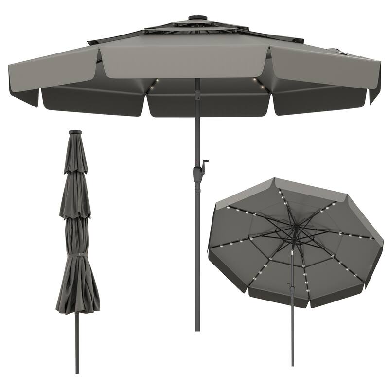 10FT Polyester Patio Umbrella with Solar Lights and Tilt Crank 3-Tier Vented Shade for Backyard