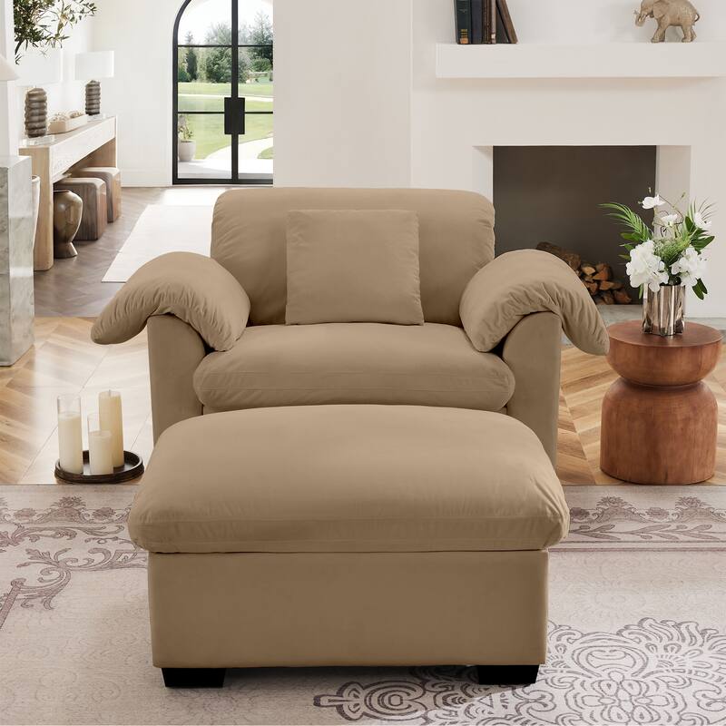 Velvet Deep Seat Storage Sofa Chair with Fluffy Armrest Pillows & Backrest