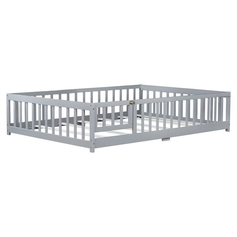 Twin/Full/Queen Size Floor Bed with Fence Guardrails and Door, Rubber Wood Toddler Bed Montessori Bed with Slats Support