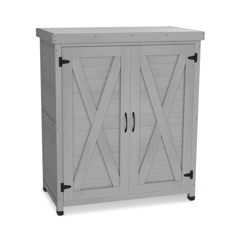 Potting Bench with Storage Cabinet and Metal Table Top for Outdoor Patio