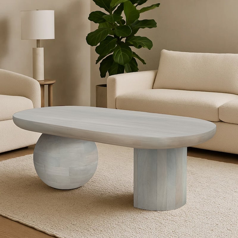 38 Inch Coffee Table, Oblong Mango Wood Top with a Modern Ball Leg