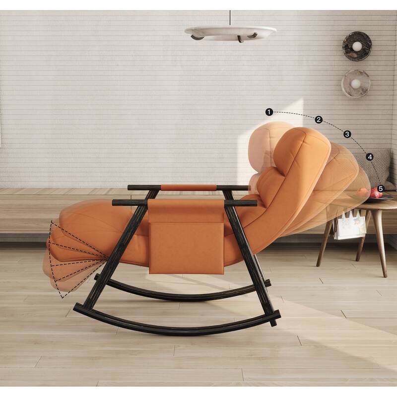 Casual folding rocking chair upholstered, lounge rocking chair adjustable high back and foot rest,side pockets