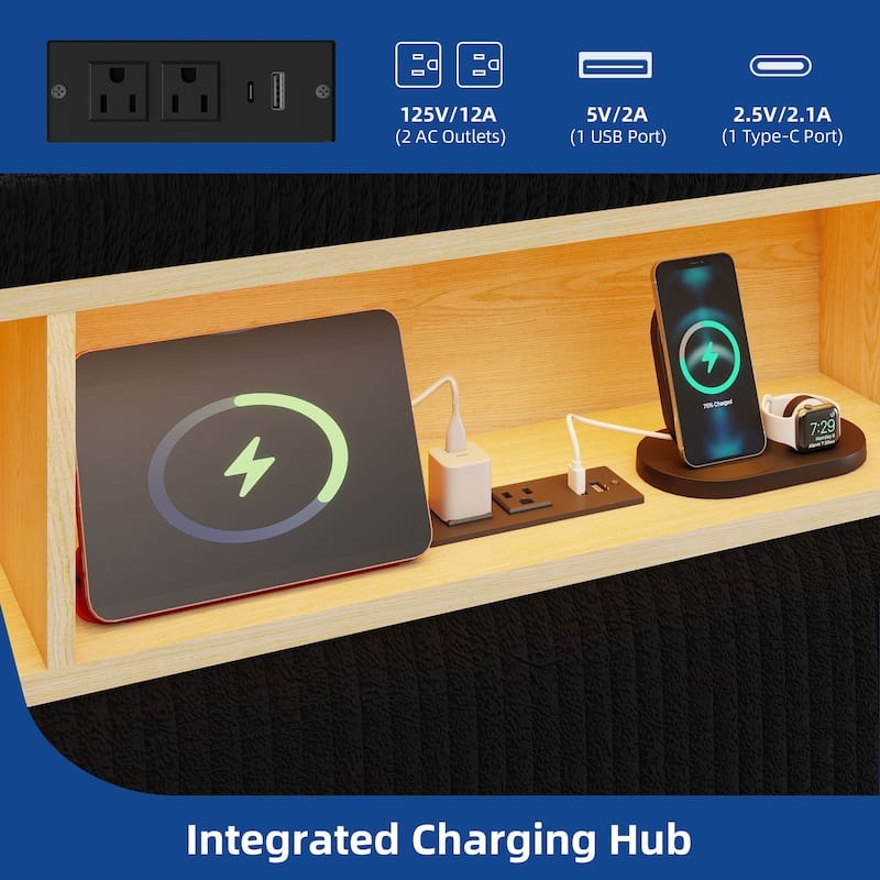 Moasis Corduroy Upholstered Platform Bed Frame with Charging Station and RGB LED Lights
