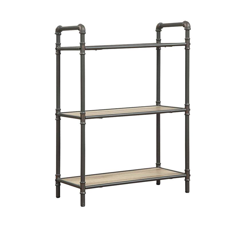 Three-Tier Metal Bookshelf With Wooden Shelves, Oak Brown & Gray - 35.5 H x 14 W x 26 L Inches