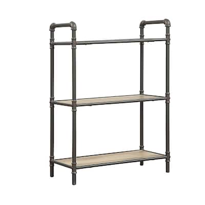 Three-Tier Metal Bookshelf With Wooden Shelves, Oak Brown & Gray - 35.5 H x 14 W x 26 L Inches