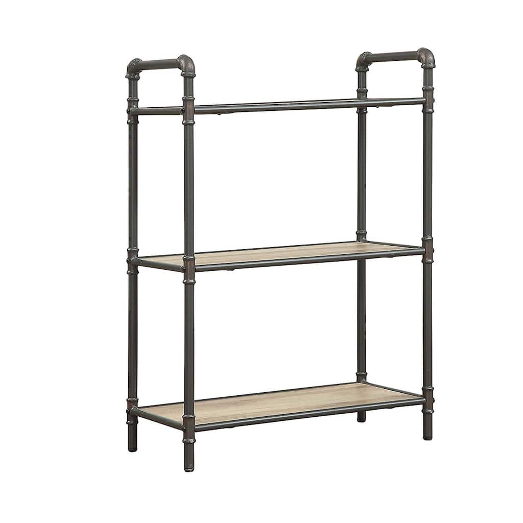 Three-Tier Metal Bookshelf With Wooden Shelves, Oak Brown & Gray - 35.5 H x 14 W x 26 L Inches